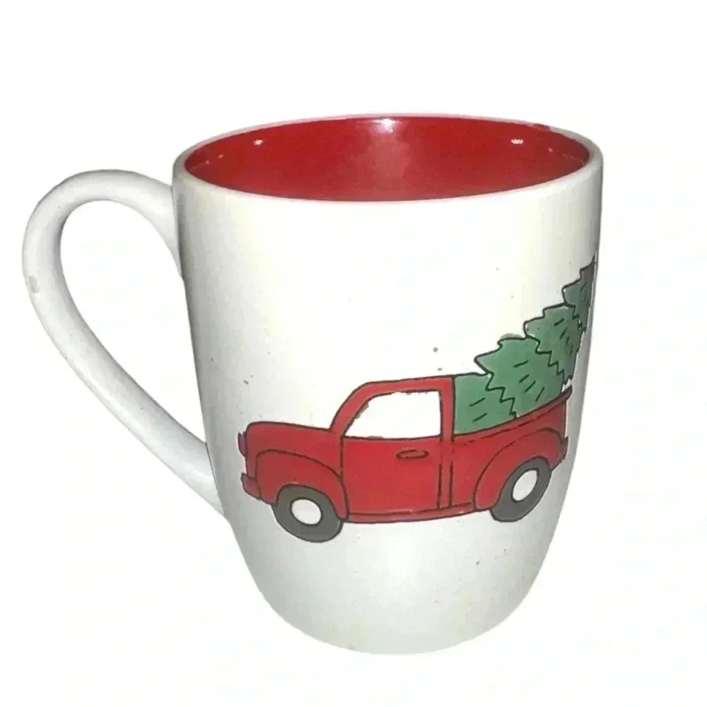 Christmas Red Truck Holiday Coffee Cup with Tree Design, Festive Red Interior